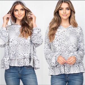 Peach Love Gray Animal Print Long Sleeve Ruffle Hoodie. Size Large